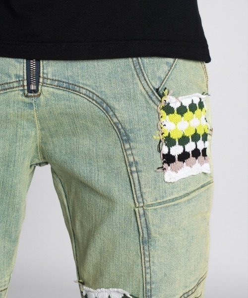 GUAPI チェーン デニム パンツ　スライムグリーンGREEN L.H.P ジーンズ GUAPI/グアピ/Slime Green Knit Patches Denim