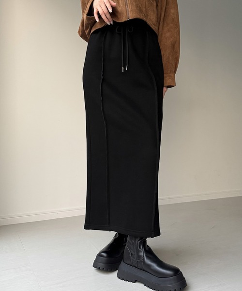 V12 ブラック スウェットスカート JUNOAH（ジュノア） スカート 裏起毛フロントラインスウェットスカート