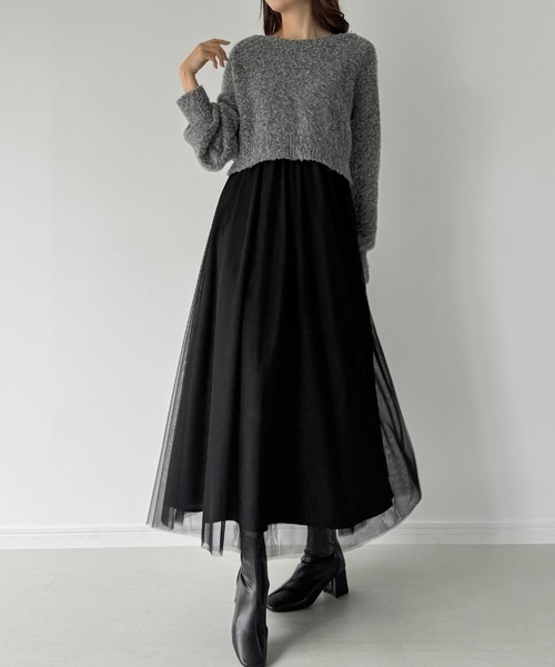 「JUNOAH」 コンビワンピース MEDIUM チャコール レディース_画像3