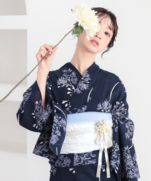 レディース仕立て上がり浴衣 黒青 花柄 シルバー兵児帯2点セット KIMONOMACHI 浴衣 レディース 浴衣 2点セット（綿浴衣＋しわ兵児帯
