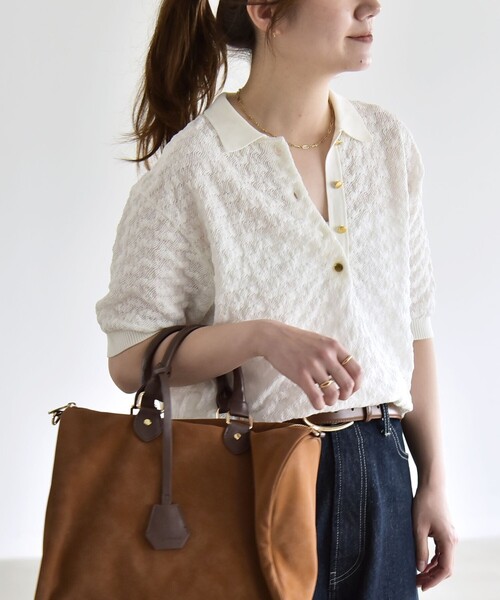 ニット セーター quaranciel:「手洗い可能」透かし編み ポロ ニット プルオーバー レディースの画像