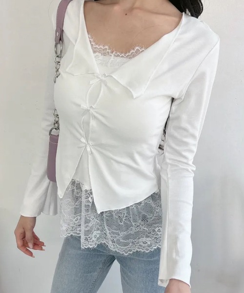 2ly2 tシャツ Vネック 長袖トップス 胸パッド付き フロントリボン 
