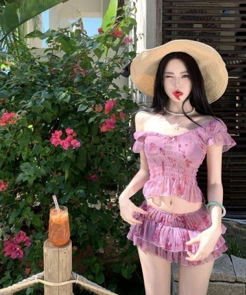 ピンク オフショルダー フリル水着 水着 花柄 オフショルダーフリル水着 レディース : ZOZOTOWN Yahoo!店