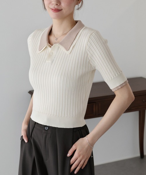「BLUEEAST」 半袖ニット MEDIUM アイボリー レディース_画像3