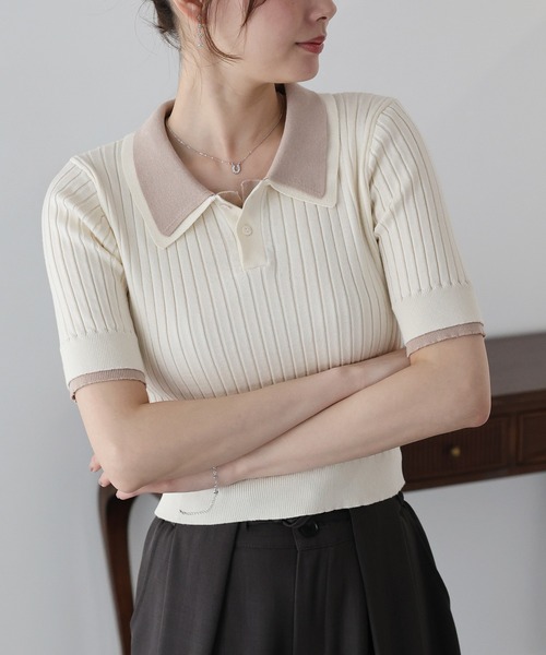 「BLUEEAST」 半袖ニット MEDIUM アイボリー レディース_画像4