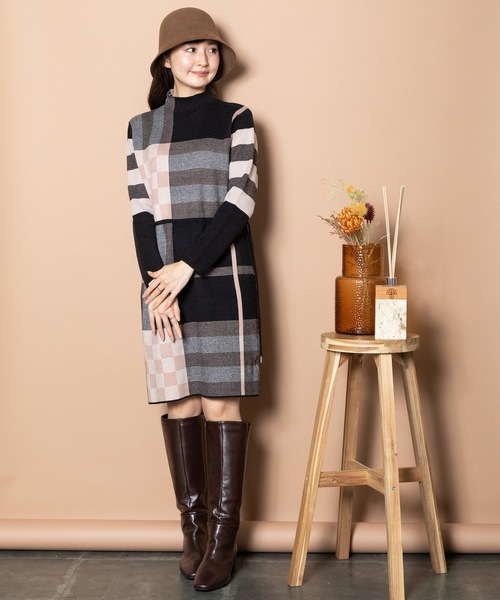 ワンピース ビックチェック柄 共リボン付きニットワンピ レディース