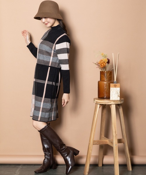 ブラックニット×チェック柄フリル.リボン付き長袖ワンピース ワンピース ビックチェック柄 共リボン付きニットワンピ レディース
