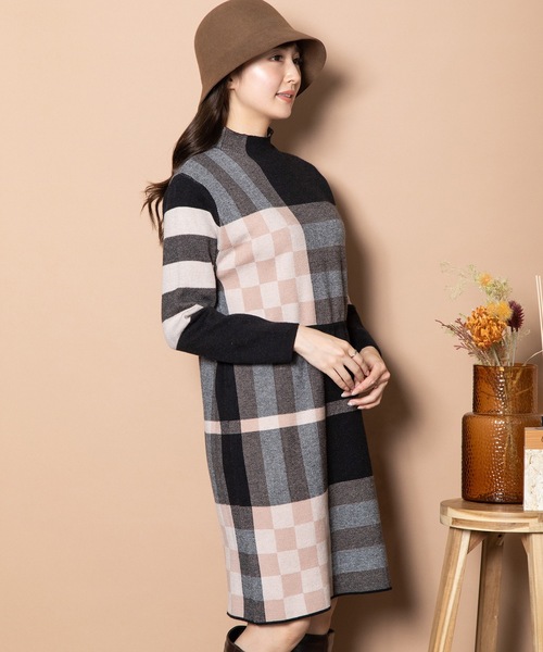 ワンピース ビックチェック柄 共リボン付きニットワンピ レディース