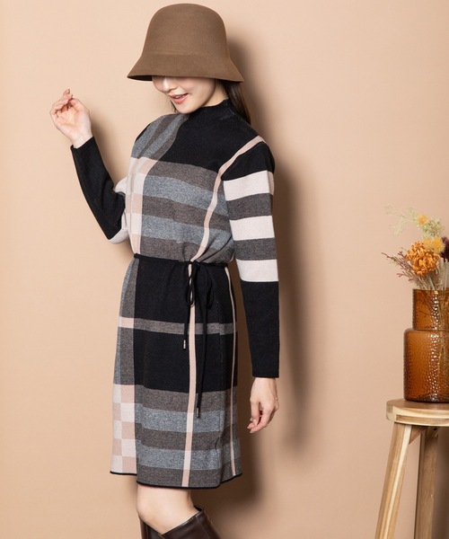 ワンピース ビックチェック柄 共リボン付きニットワンピ レディース