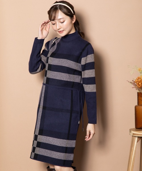 ワンピース ビックチェック柄 共リボン付きニットワンピ レディース
