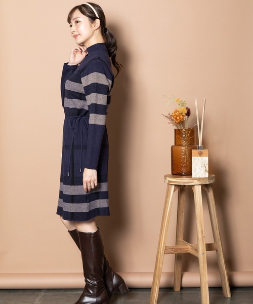 ワンピース ビックチェック柄 共リボン付きニットワンピ レディース