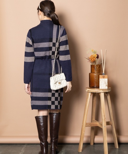 ワンピース ビックチェック柄 共リボン付きニットワンピ レディース