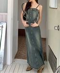 ワンピース バックレースアップデニムロングワンピースの詳細画像1
