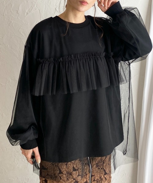 She's Closet トレーナー スウェット シアーレイヤード長袖フリル