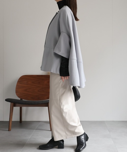 B4756■カミシマチナミ 袖スリット ウール ケープ ポンチョ コート 38 sakishimatokyo ポンチョ フェイクウール ノーカラーケープコート