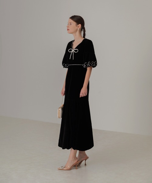 【即日発送】 【超美品】パーティードレス パール　ストーン　Sサイズ　Leja Leja（レジャ） ドレス 「LEJA」パールストーンリボンベロアギャザー