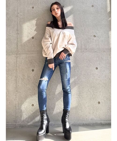 GYDA （ミドルウエストスキニー） ジェイダ GYDA ミドルウエスト SIDE RIPPEDスキニーデニムパンツ