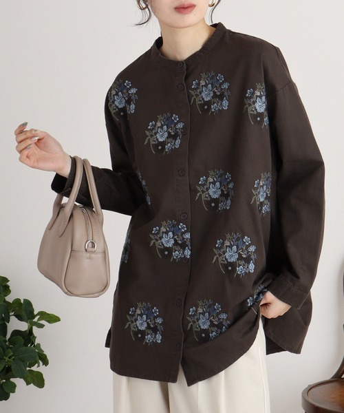 ブラウス シャツ EMAGO 花ドット刺繍チュニックシャツ レディース