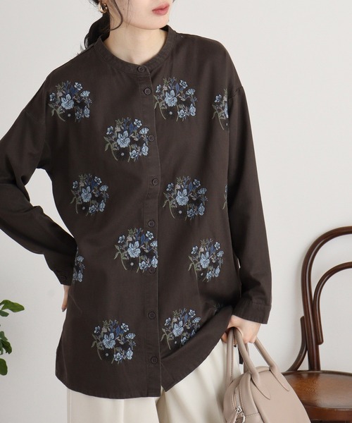 Emago（イマゴ） ブラウス シャツ 花ドット刺繍チュニックシャツ 