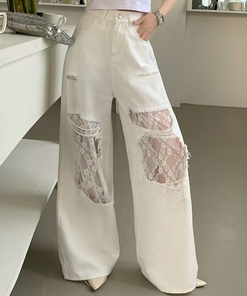 ✨モケモケさん♥デニム♥レース♥シュシュ✨ AsRiRe ワイドパンツ ジーンズ デニム デニムパンツ 「26SS新色/新柄