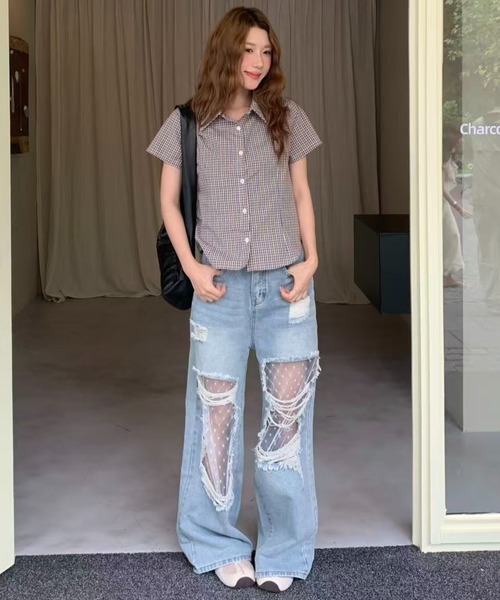 ✨モケモケさん♥デニム♥レース♥シュシュ✨ AsRiRe ワイドパンツ ジーンズ デニム デニムパンツ 「26SS新色/新柄