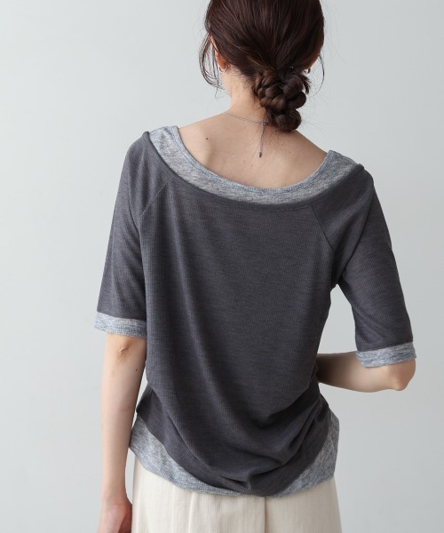 tシャツ ライトベロアオフショルトップス レディース BAB tシャツ 前後2WAYレイヤードオフショル風カットトップス