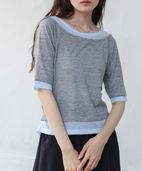 tシャツ 前後着用シャツレイヤード配色トップス　　＠ レディース 配色レイヤード風シャツ レディース トップス 7分袖 送料無料・6