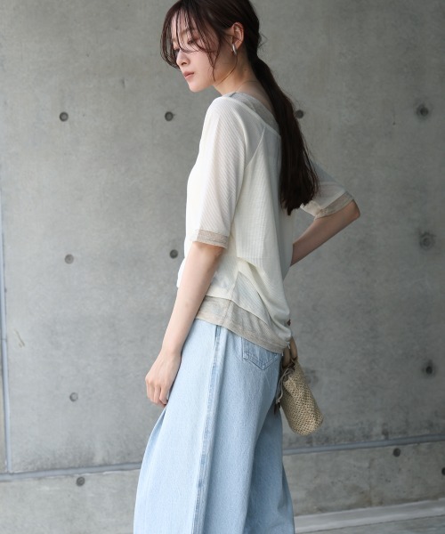 tシャツ ライトベロアオフショルトップス レディース BAB tシャツ 前後2WAYレイヤードオフショル風カットトップス
