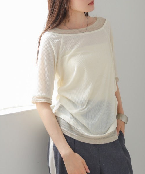 tシャツ 2way クロップド丈トップス レディース BAB tシャツ 前後2WAYレイヤードオフショル風カットトップス