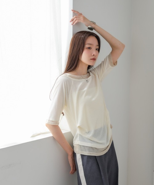 tシャツ 2way クロップド丈トップス レディース BAB tシャツ 前後2WAYレイヤードオフショル風カットトップス