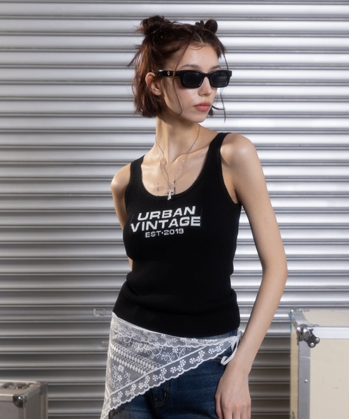 ACLENT タンクトップ ノースリーブ ロゴジャガードニットタンク