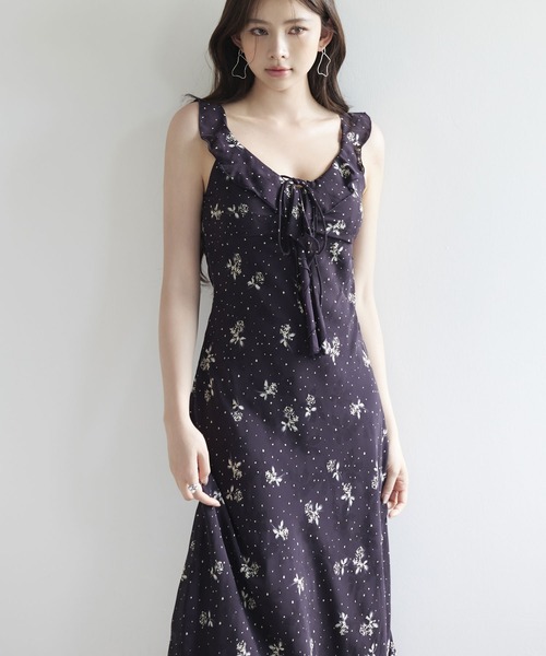 【SinceThen】 花柄 シフォン フレンチ ワンピース バブ ロング SinceThen】 花柄 シフォン フレンチ ワンピース バブ ロング