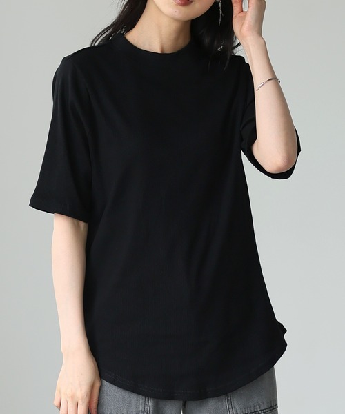 リブ素材 ブラック 半袖Tシャツ itto tシャツ 2×2リブ プチハイネック半袖Tシャツ レディース