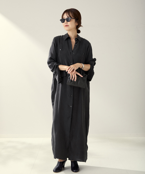 プラージュ ロングシャツワンピース フレア ティアード マキシ丈 コットン 黒 plage（プラージュ） ワンピース R'IAM キュプラシャツワンピース