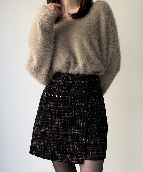 新品 Sheller シャイニー ツイード ラップ キュロット ラメ スカート JUNOAH（ジュノア） スカート ラメツイードラップデザインスカパン