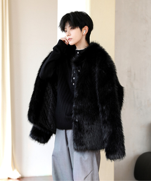 Russaluno フリースボアブルゾン6 ファー黒 NEOS（KOKUYO） ブルゾン アウター 「neos」ルーズシルエット フェイク