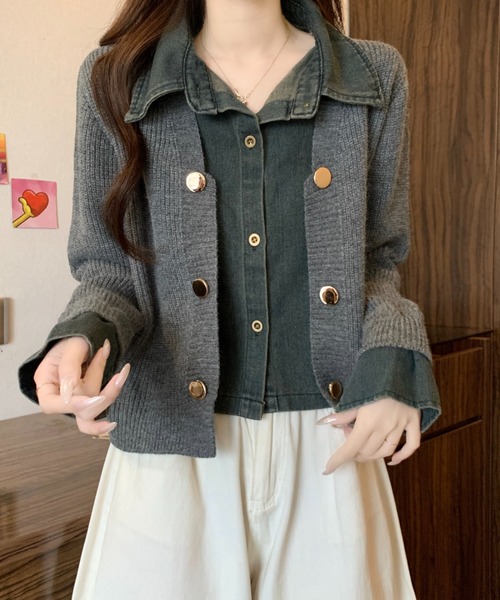 Diosfront カーディガン レイヤード風デニムドッキングニット