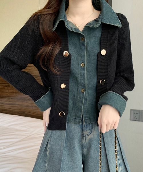 【即完売モデル】カラー 20SS レイヤードドッキングカーディガン Diosfront カーディガン レイヤード風デニムドッキングニット