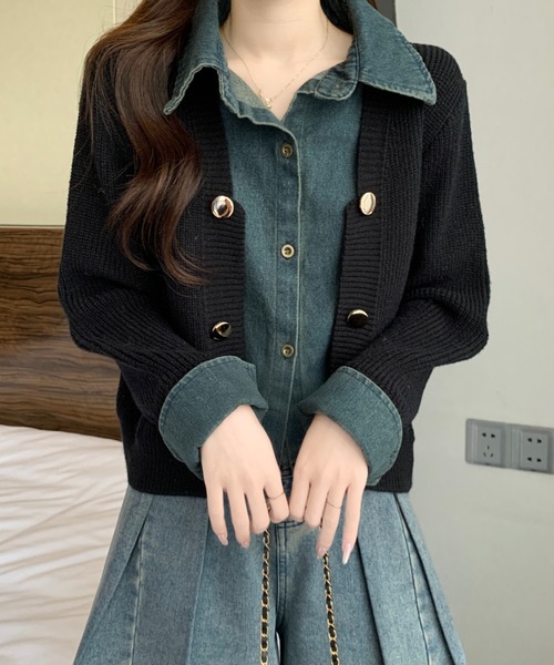 Diosfront カーディガン レイヤード風デニムドッキングニット