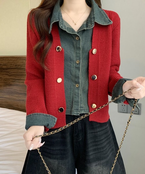 【即完売モデル】カラー 20SS レイヤードドッキングカーディガン Diosfront カーディガン レイヤード風デニムドッキングニット