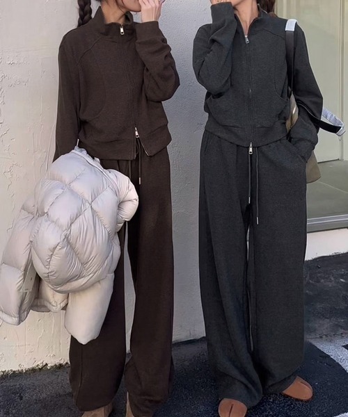 LOWO セットアップ スウェット ハイネック ダブルジップ トップス