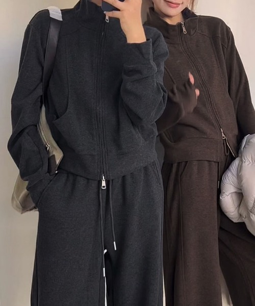 LOWO セットアップ スウェット ハイネック ダブルジップ トップス