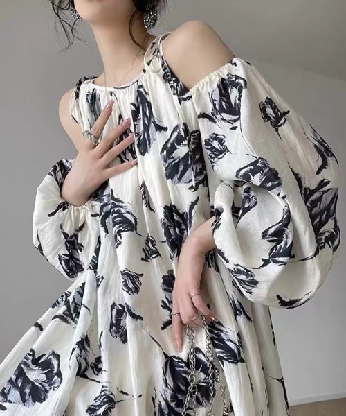 「Sibra」 半袖ワンピース M ホワイト×ブラック レディース_画像2