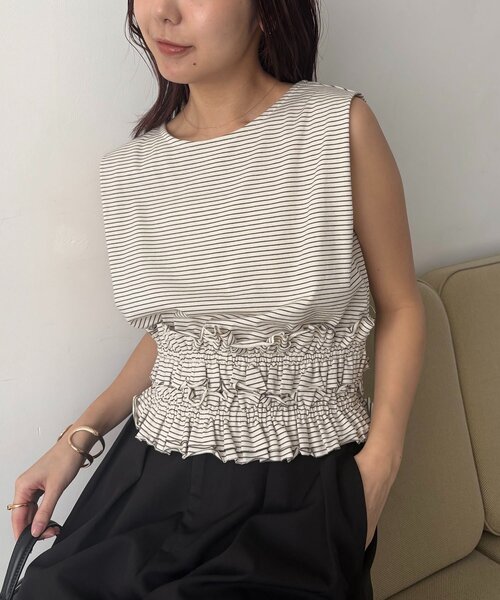 tシャツ ボーダー裾ギャザーT レディースの画像
