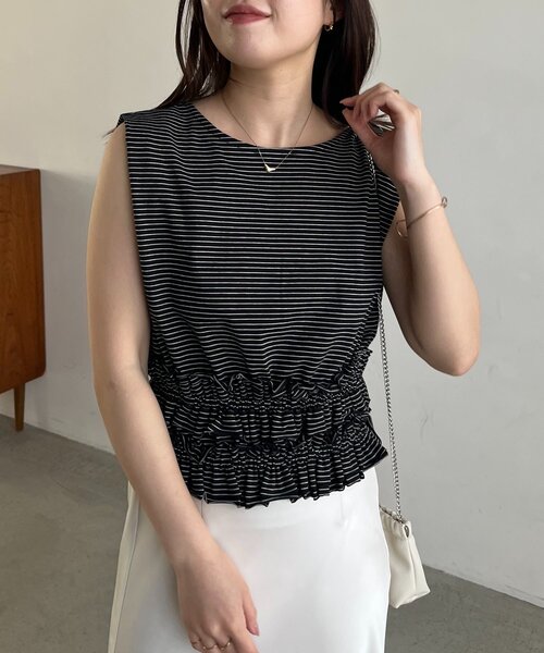 tシャツ ボーダー裾ギャザーT レディースの画像