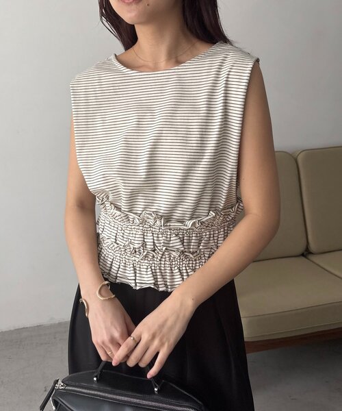 tシャツ ボーダー裾ギャザーT レディースの画像