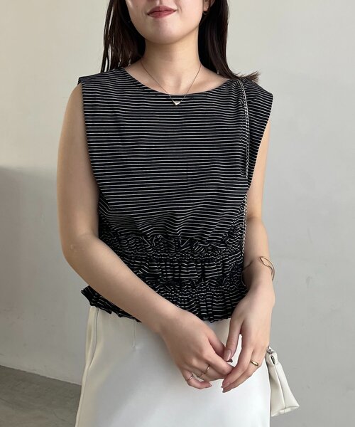 tシャツ ボーダー裾ギャザーT レディースの画像