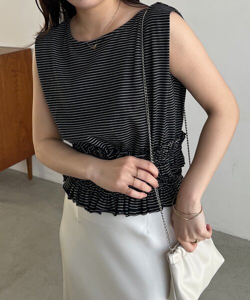 tシャツ ボーダー裾ギャザーT レディースの画像