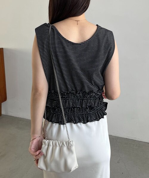 tシャツ ボーダー裾ギャザーT レディースの画像