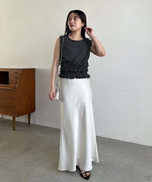 tシャツ ボーダー裾ギャザーT レディースの画像